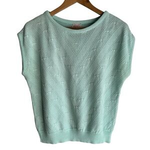 Vintage 80s 90s Short Sleeve Knit Sweater M Mint Green Blue Retro Cottagecore